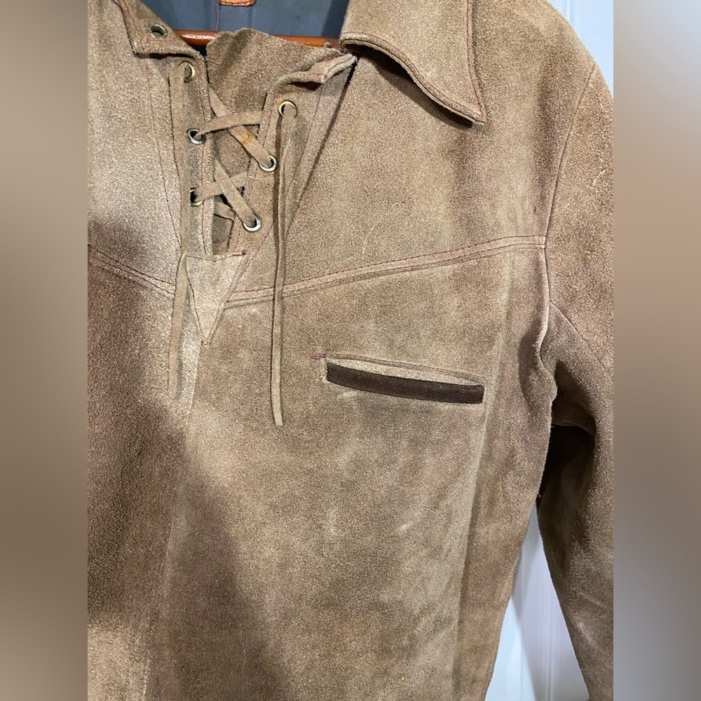 60s Handmade Mexican Suede Tunic Jacket Vintage Tan Large - Picture 6 of 16